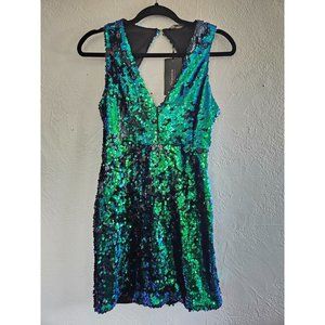 Shinestar Sequin Backless mini dress Blue Green Iridescent Club Party Medium NWT